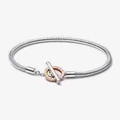 Merk Pandora België Handtekening Two-tone Logo T-bar Snake Chain Armband